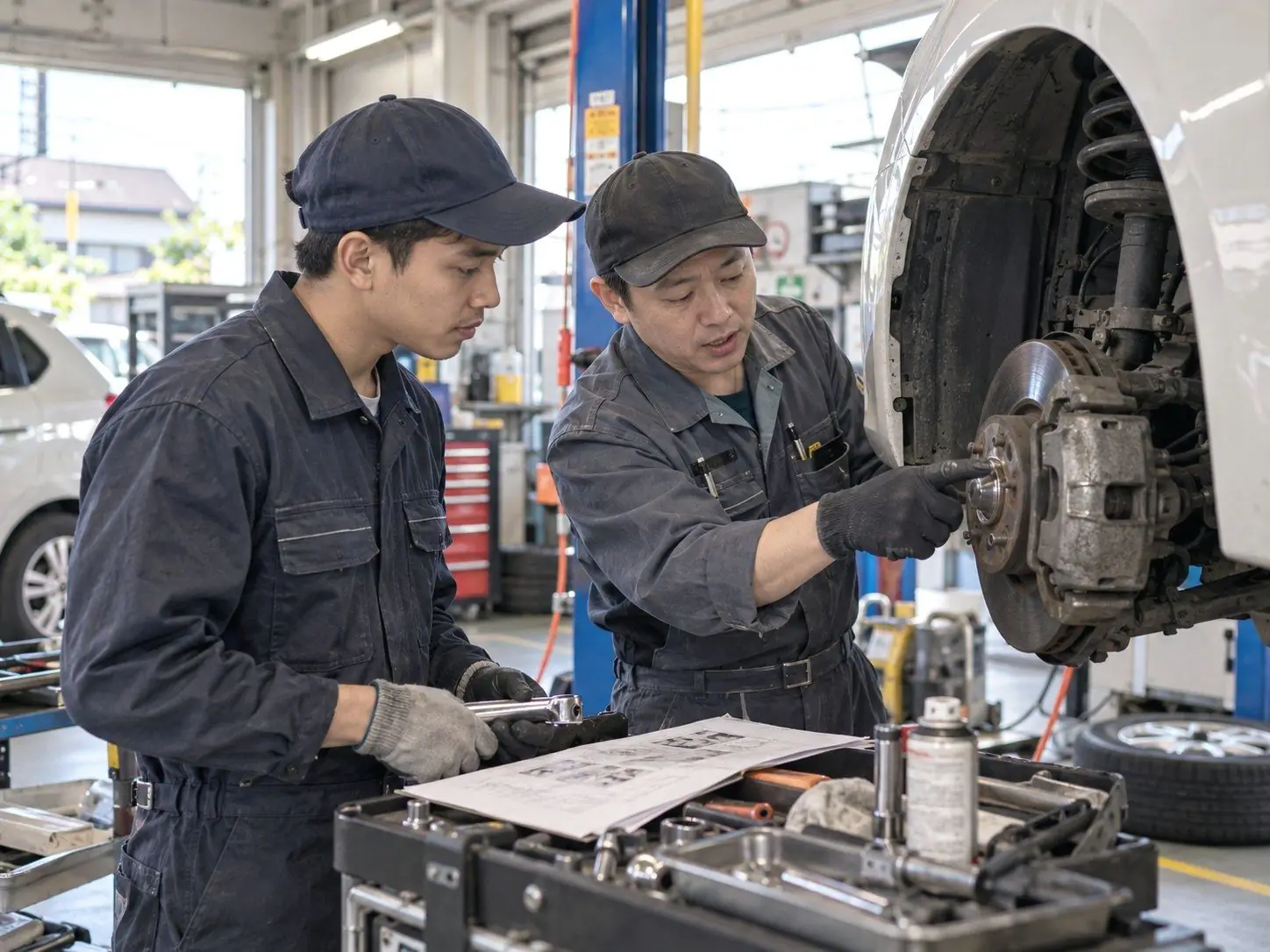 職場の先輩と作業を確認するスタッフ